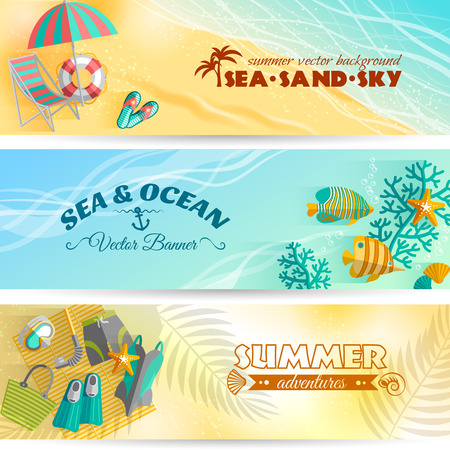 Sea beach summer holiday adventures horizontal banners set with swimming and diving accessories abstract isolated vector illustrationのイラスト素材