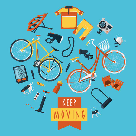 Cycling sportswear and accessories for active healthy lifestyle flat icons composition circle print poster abstract vector illustrationのイラスト素材