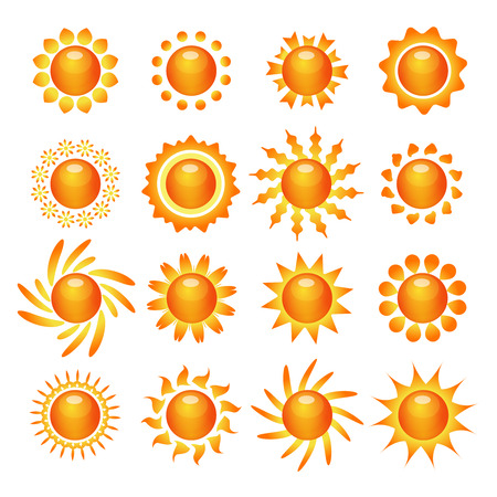 Funny bright sun symbol pictograms collection for decoration and expressing mood and emotion abstract isolated vector illustrationのイラスト素材