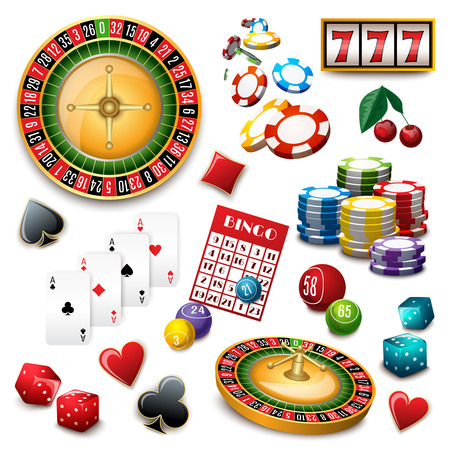 Casino popular gambling online games symbols composition poster with roulette cards deck and bingo abstract vector illustrationのイラスト素材