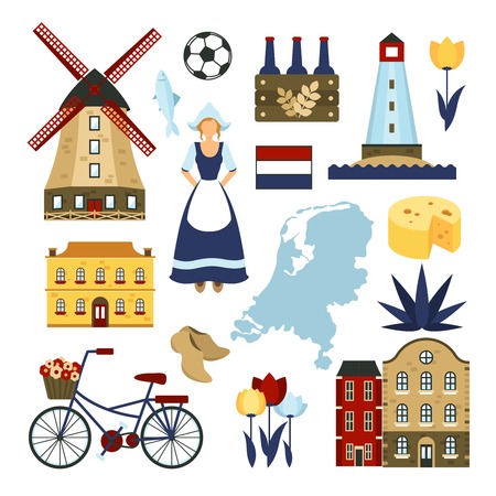 Netherlands symbols set with windmills  bicycle cheese isolated vector illustrationのイラスト素材