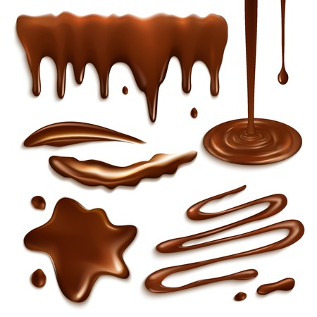 Liquid milk chocolate drops and splashes decorative elements set isolated vector illustrationのイラスト素材