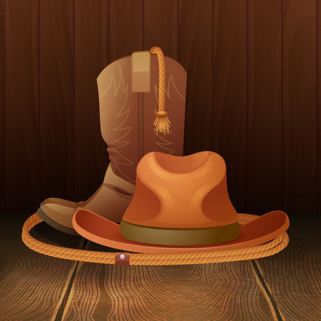 Cowboy hat boots and lasso on wooden background poster vector illustrationのイラスト素材