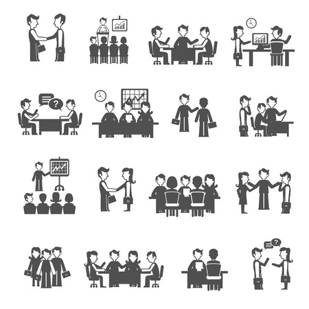 Meeting icons black set with men and women business personnel isolated vector illustrationのイラスト素材