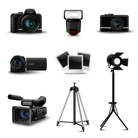 Realistic camera icons and photo equipment set isolated vector illustrationのイラスト素材