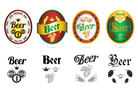 Premium quality golden crown beer labels set in black and color with hop abstract isolated vector illustrationのイラスト素材