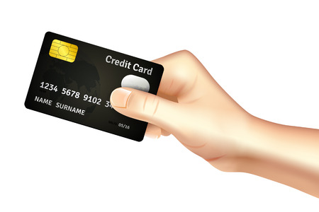 Hand holding credit card for deposit cash withdrawal and money transfer operations promotion poster abstract vector illustrationのイラスト素材