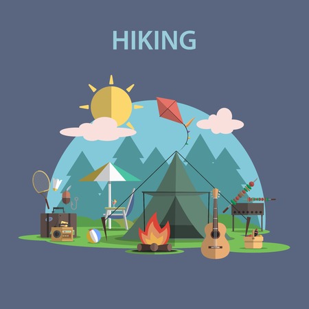 Hiking and outdoor recreation concept with flat camping travel icons vector illustration Hiking and outdoor recreation concept with flat camping travel icons vector illustration