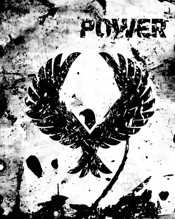 Eagle power poster with black bird silhouette and grunge ink background vector illustrationのイラスト素材