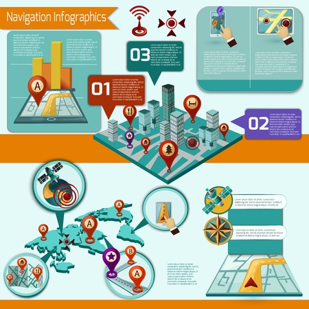 Gps and mobile navigation infographic set with isometric symbols and charts vector illustrationのイラスト素材