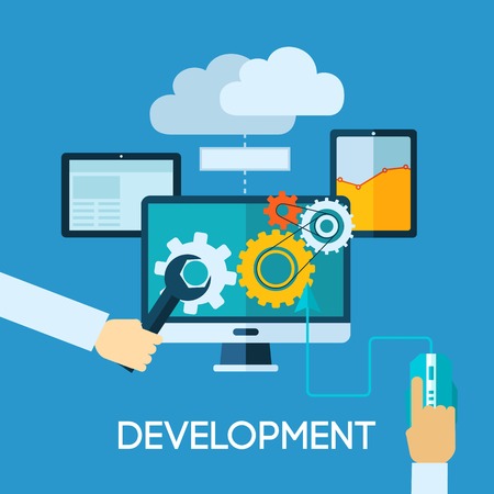 Programm development concept with flat human hand and computer icons vector illustrationのイラスト素材