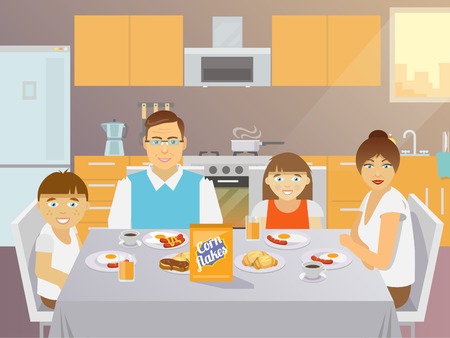 Pretty father mother son and daughter family eating breakfast indoors kitchen flat vector illustrationのイラスト素材