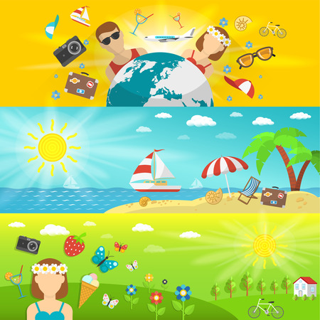 Summer vacations and travel with seaside forest and fields horizontal banners set flat isolated vector illustrationのイラスト素材