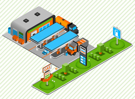Gasoline and diesel power fuel plastic construction toy station with food shop isometric composition abstract vector illustrationのイラスト素材
