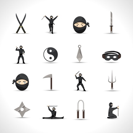 Ninja icons flat set with japanese men in traditional fighting costumes and weapon isolated vector illustrationのイラスト素材