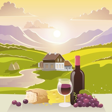 Wine cheese and bread with mountain landscape and country house on background vector illustrationのイラスト素材