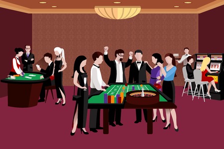 People in casino standing around the roulette table flat vector illustrationのイラスト素材