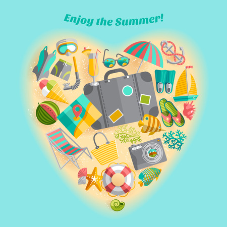 Enjoy the summer holiday travel icons heart shaped composition poster with beach swimming accessories abstract vector illustrationのイラスト素材