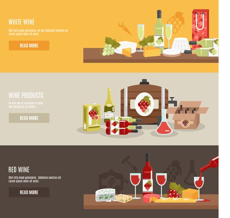 Wine horizontal banner set with red and white products isolated vector illustrationのイラスト素材