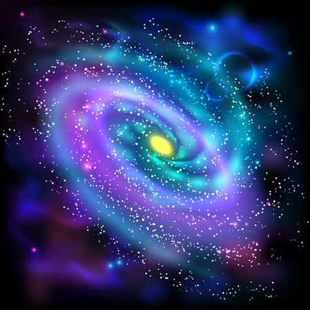 Cosmos space luminous spiral galaxy astronomical scientific poster with rotating disk of stars dust abstract vector illustrationのイラスト素材