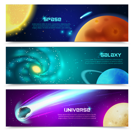 Cosmos space galaxy astronomical educational three horizontal banners set with sun and comets abstract isolated vector illustrationのイラスト素材