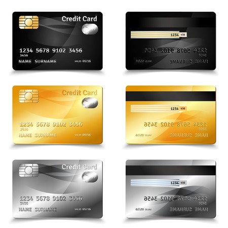 Credit card set in golden black and grey design realistic isolated vector illustrationのイラスト素材