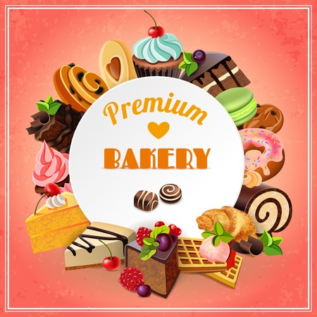 Premium bakery promo poster with different sweets cakes and pastry vector illustrationのイラスト素材