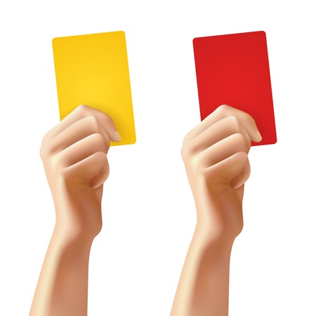 Realistic human hands holding red and yellow foul soccer cards isolated vector illustrationのイラスト素材