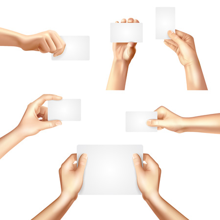 Hands holding white blank templates set for business identification cards samples promotion advertisement banner abstract vector illustrationのイラスト素材