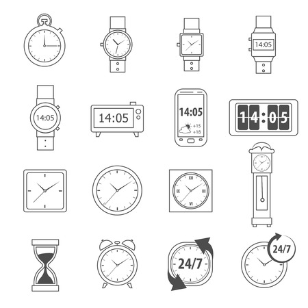 Time symbols and 24 hour service icons outline set isolated vector illustrationのイラスト素材