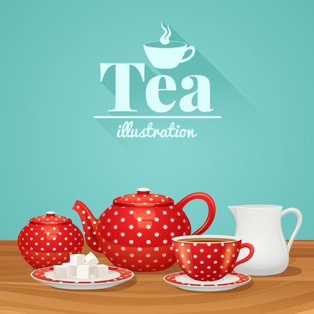 Red polka dot tea pottery set with teapot cup saucer vector illustrationのイラスト素材