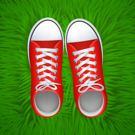 Funky red gumshoes top view on grass background vector illustrationのイラスト素材