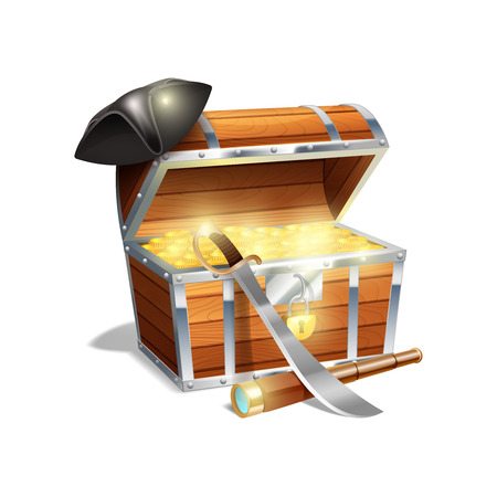 Pirate wooden treasure chest trunk with gold spy glass cutlass and black triangle hat abstract vector illustrationのイラスト素材