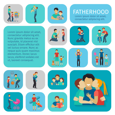 Fatherhood sport and leisure time flat decorative icons set isolated vector illustrationのイラスト素材