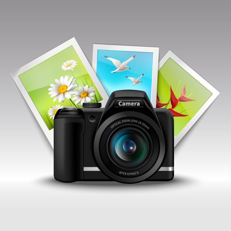 Realistic digital camera and photo pictures card set vector illustrationのイラスト素材