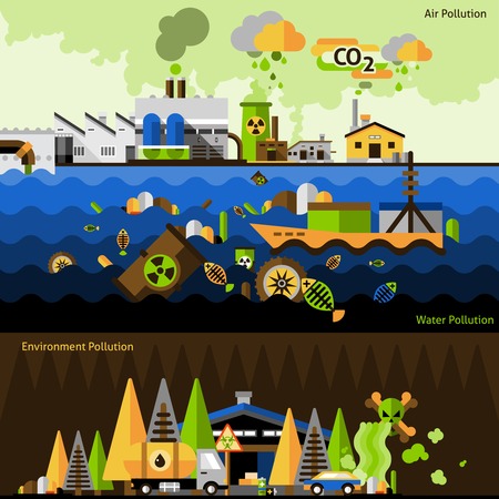 Pollution horizontal banners set with air water environment elements isolated vector illustrationのイラスト素材