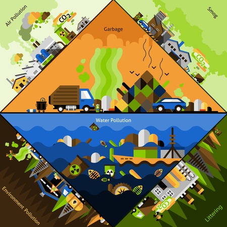 Pollution corners set with smog garbage littering elements isolated vector illustrationのイラスト素材