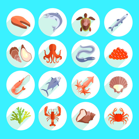 Sea food icons flat set with prawn oyster fish caviar isolated vector illustrationのイラスト素材