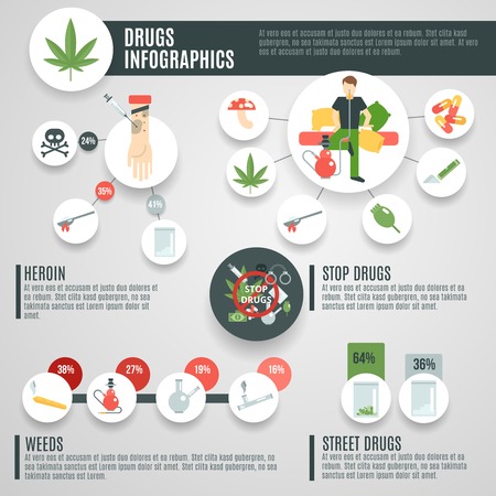 Drugs infographics set with mushrooms weeds crack symbols vector illustrationのイラスト素材