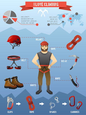 Rock climbing equipment gear and supply for alpinist infographic poster with mountains peaks background abstract vector illustrationのイラスト素材