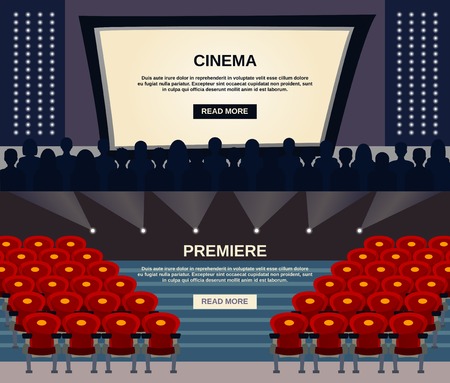 Cinema horizontal banner set with viewers in auditorium and screen flat elements isolated vector illustrationのイラスト素材