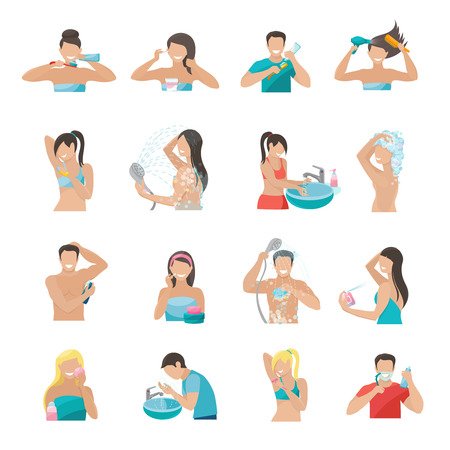 Hygiene icons flat set with people brushing teeth washing face and taking shower isolated vector illustrationのイラスト素材