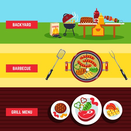 Barbecue horizontal banner set with backyard and grill menu elements isolated vector illustrationのイラスト素材