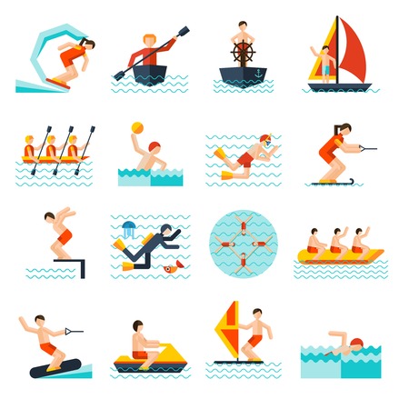 Water sports flat icons set with kite sailing canoe isolated vector illustrationのイラスト素材