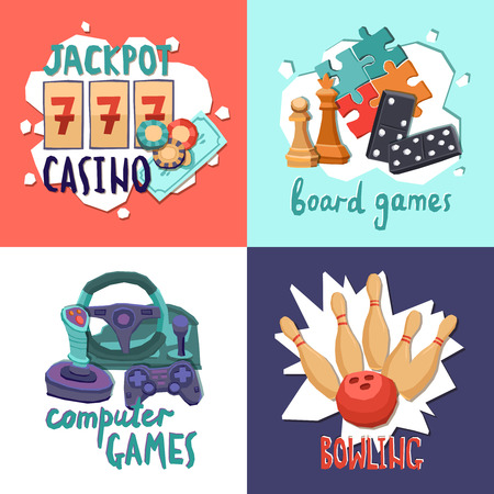 Game design concept with casino computer board games and bowling isolated vector illustrationのイラスト素材