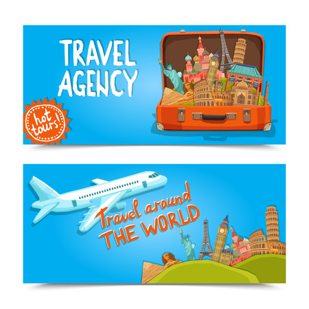 Around the world travel agency horizontal banners set with suitcase of famous sightseeings  isolated vector illustrationのイラスト素材