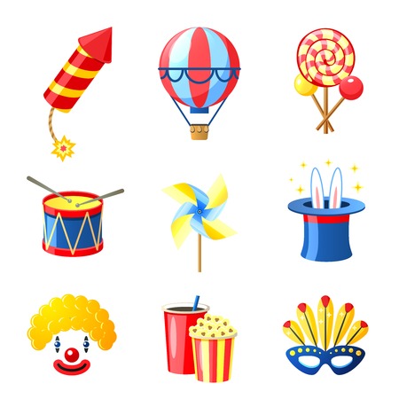 Carnival festive and circus show decorative icons set isolated vector illustrationのイラスト素材