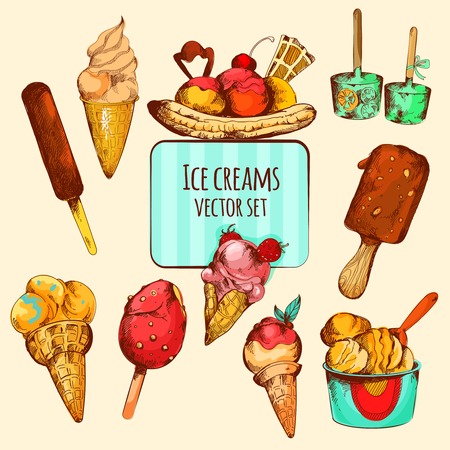 Ice cream varieties sketch colored decorative icons set isolated vector illustrationのイラスト素材