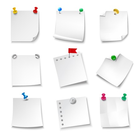 Blank note papers pinned with pushpins realistic set isolated vector illustrationのイラスト素材