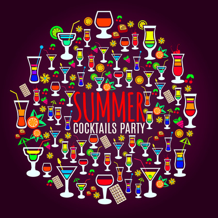 Bright and fun to drink tropical cocktails icons circle party poster with dark background abstract vector illustrationのイラスト素材